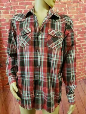 Projek Raw Red/Blue Plaid check XLarge Black Pearlsnap  Long Sleeve Men's Shirt
